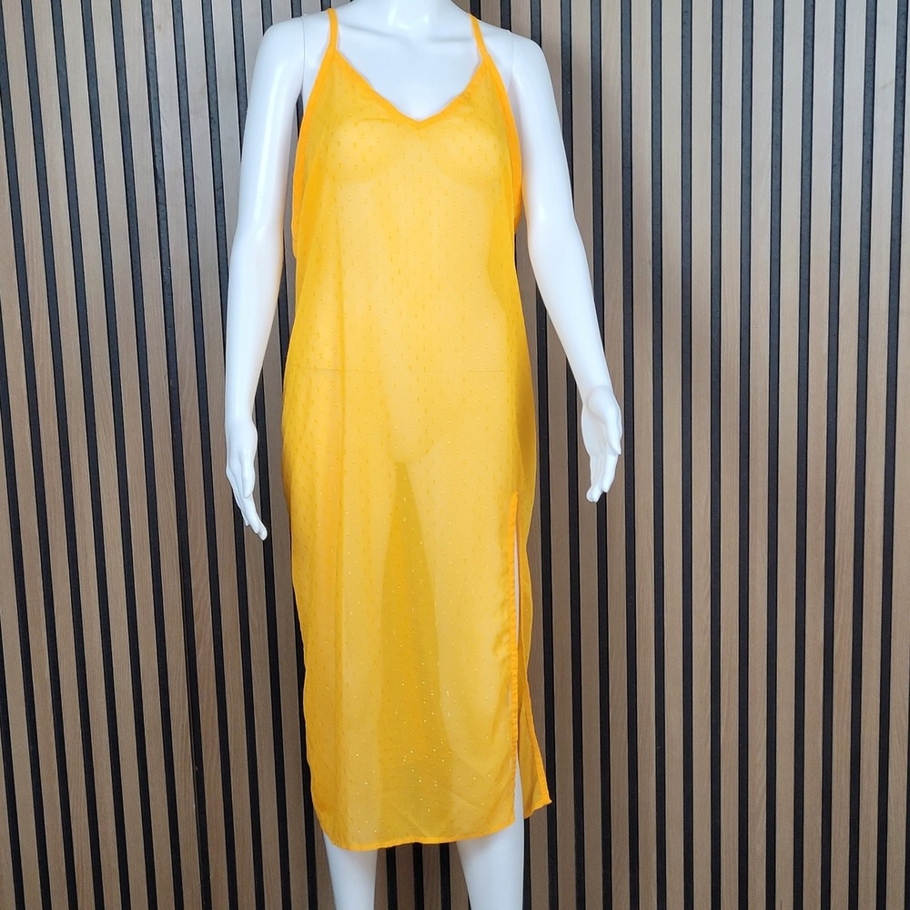 Venus Swim Cover Up Dress Womens Yellow Metallic Swiss Dot Midi - Large